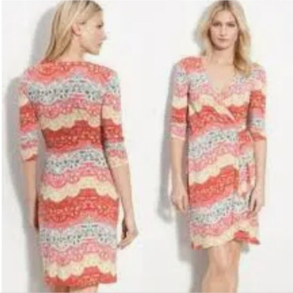 BCBGMaxAzria Faux Wrap Tereza Knee Length Short Sleeve Dress Small Colorful - Picture 2 of 11